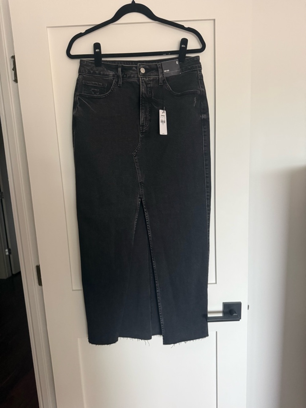 Express High-Rise Black Denim Midi Skirt with Front Slit